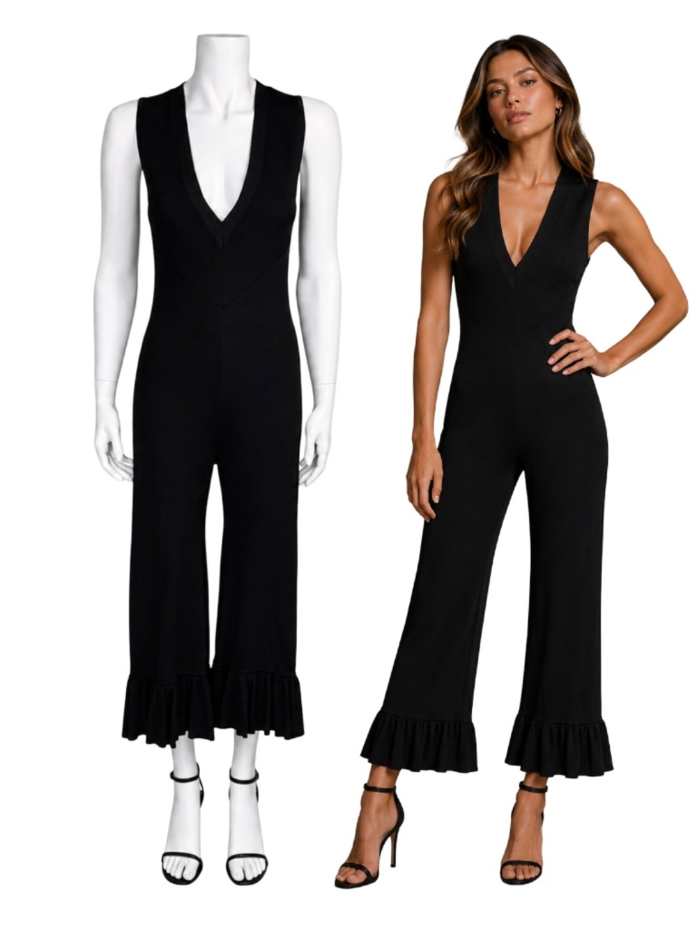 $748 Alexis Black Plunge V-Neck Ruffle Cropped Wide Leg Jumpsuit Size XS